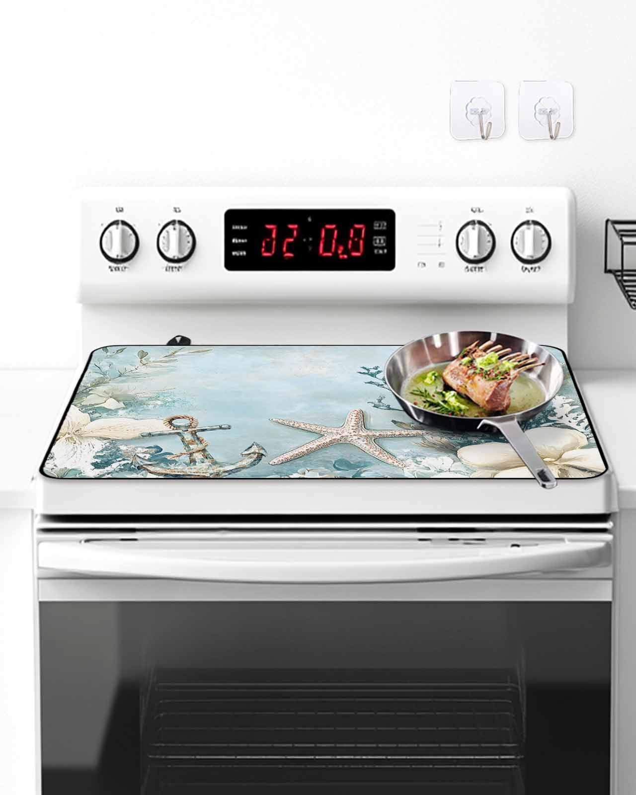 Stove Top Covers for Electric Stove, Blue Coastal Glass Stovetop Cover Protector, Beach Nautical Anchor Starfish Botanical Induction Cooktop Protector Oven Mat for Kitchen Countertop 24"x21"