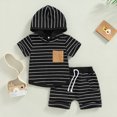 thumbnail image 1 of Sudadera Con Capucha Y Pantalones Cortos Baby Boy Sudadera con capucha a rayas Top + Pantalones cortos Patchwork con capucha + Pantalones cortos (Negro 12-18M) Cgtredaw Para estrenar, 1 of 1