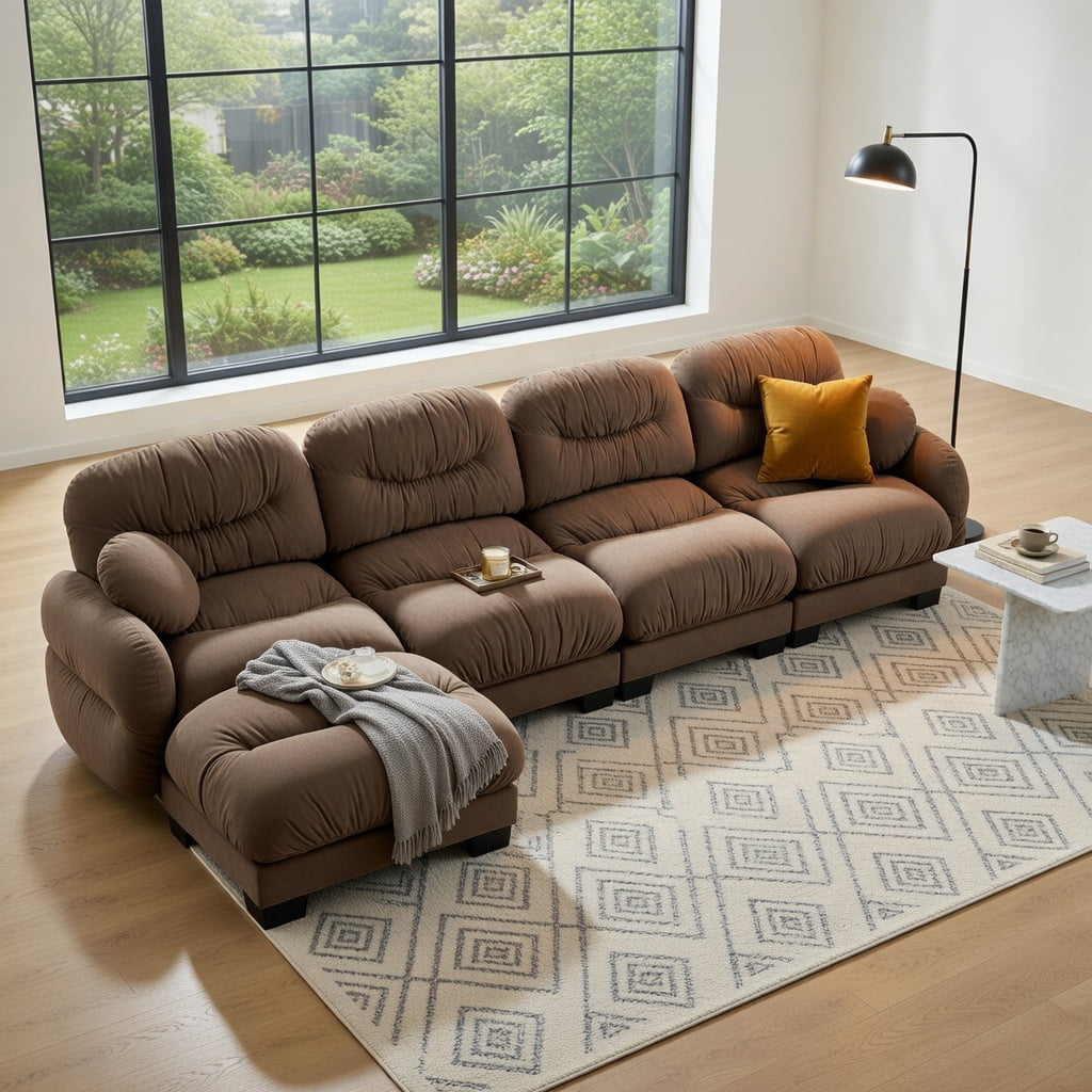 Hommoo Chenille 4-Piece L-Shaped Modular Sectional Sofa Set with Ottoman, Ergonomic High-Density Foam Cushions, Pleated Back Design & 2 Round Throw Pillows, Brown