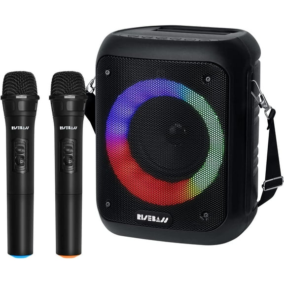 Risebass Portable Karaoke Machine with 2 Wireless Microphones - Bluetooth Rechargeable Speaker with USB/SD/TF Card Support, AUX-in, Voice Record, Tripod Screw Mount and Phone Slot