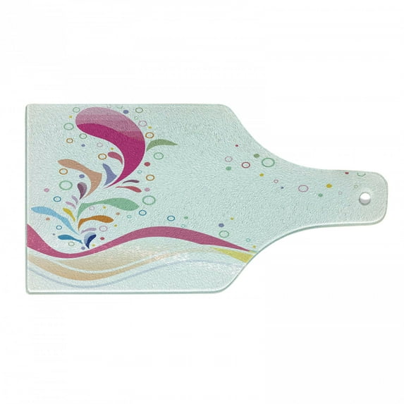 Floral Cutting Board, Vivid Bubbles Circular Dots with Flower Leaves Girls Design, Decorative Tempered Glass Cutting and Serving Board, Wine Bottle Shape, Multicolor, by Ambesonne