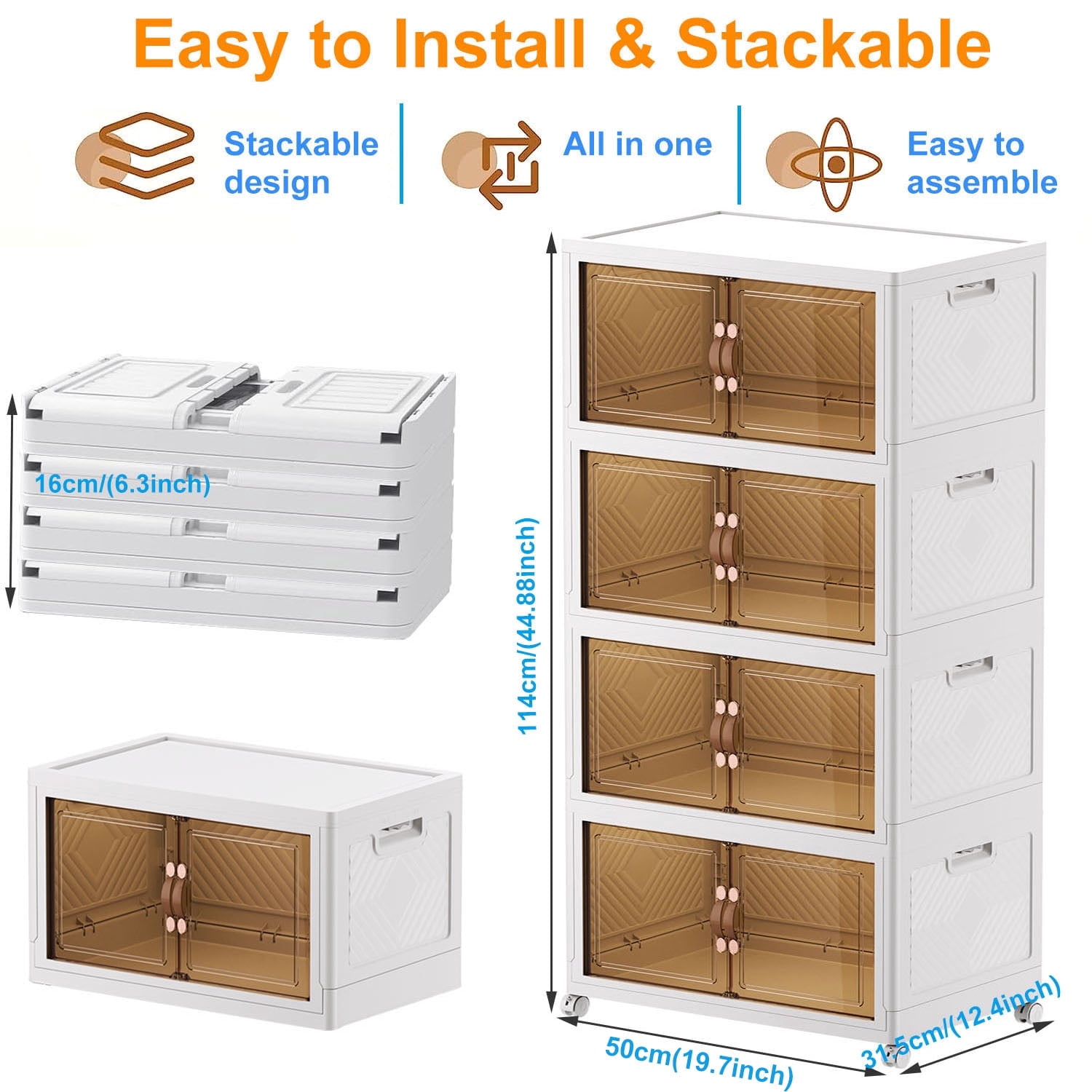 Storage Bins with Lids- 4 Tier Folding Storage box with Doors and Wheels, Collapsible Plastic Storage Bins for Closets, Stackable Storage Organizer, Storage Containers for Closet, White