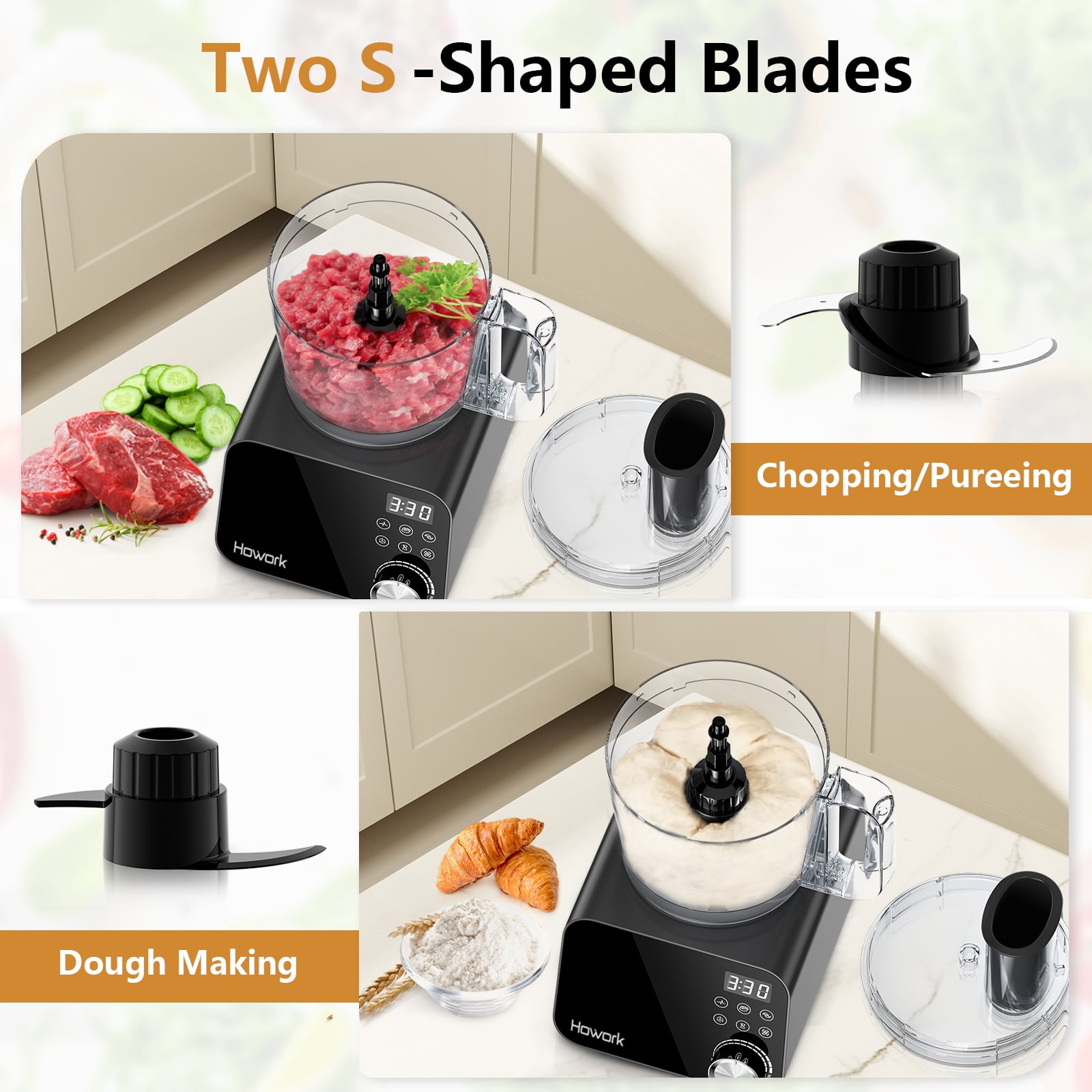 HOWORK Food Processor 12 Cup, 600w, Multifunctional Food Processor, 11 Functions for Shredding, Slicing, Doughing, Emulsifying and Juicing, Black