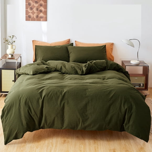 FANSTIVE Duvet Cover Set Queen Size, 100% Washed Cotton, Linen Like Super Soft and Breathable, 3 Pieces Olive Green Bedding Duvet Covers, Farmhouse C