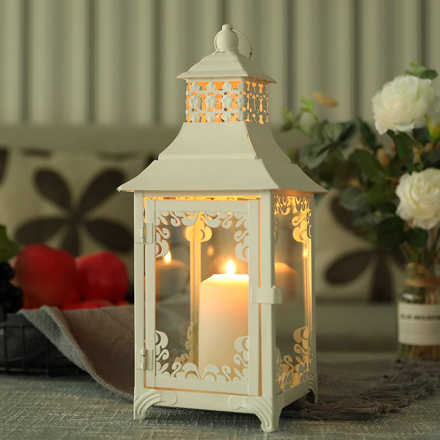 19 inches "Eye-Catching" Distressed White Wood Candle Lantern with Gold Top 
