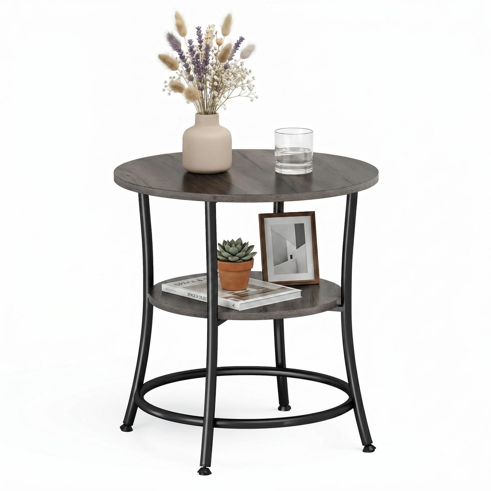 Telyra 2-Tier Round Side Table 21.8" End Table with Antiqued Wood Grain Top and Steel Base, Gray