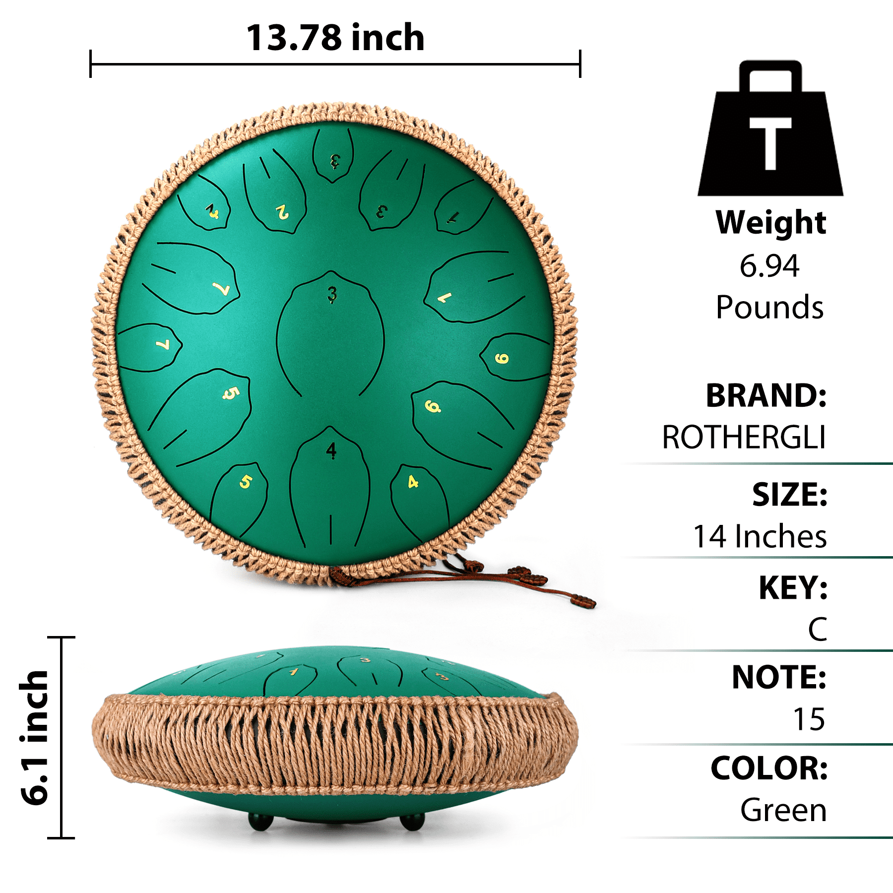 Steel Tongue Drum, 14 Inch 15 Note Tongue Drums, Handpan Drums for Adultes, Steel Drum Instrument with Music Book, Steel Handpan Drum Mallets and Carry Bag, C Major,Green