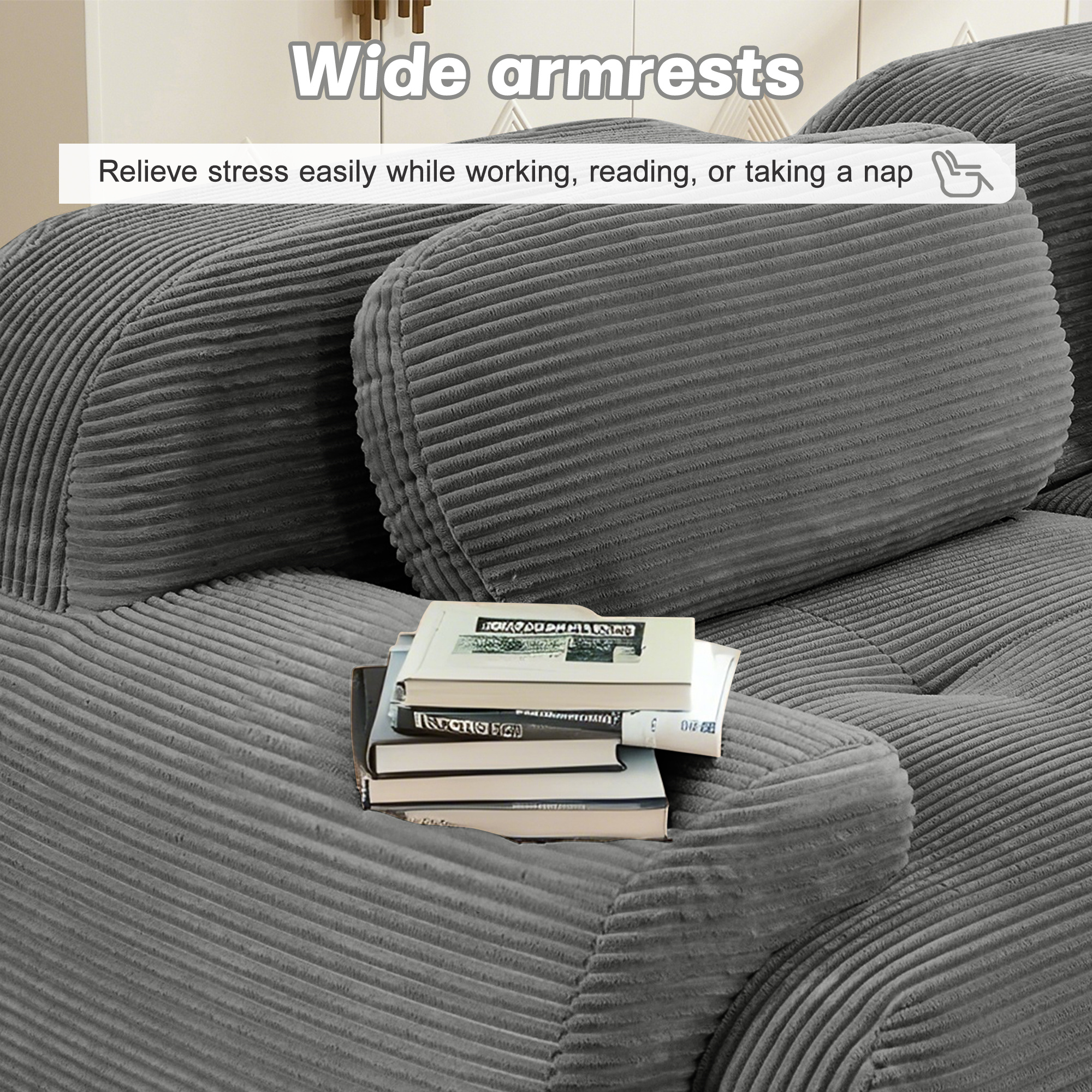 Aukfa 117" Modular Sectional Sofa Overstuffed Boneless Couch, 3Pillows, No Assembly, Corduroy, Cray