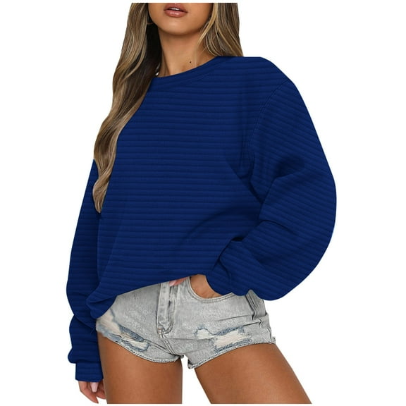 miqiqism Women's Oversized Crewneck Sweatshirts Batwing Puff Long Sleeve Sweatshirt Trendy Cable Slouchy Pullover Jumper Tops Casual Solid Color Drop Shoulder Clothes,Blue,XX-Large