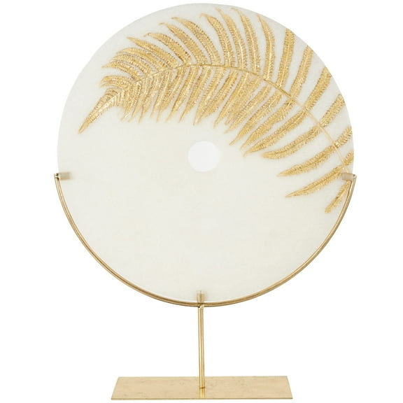 20" x 25" White Polystone Cutout Round Disk Leaf Sculpture with Gold Stand, by DecMode
