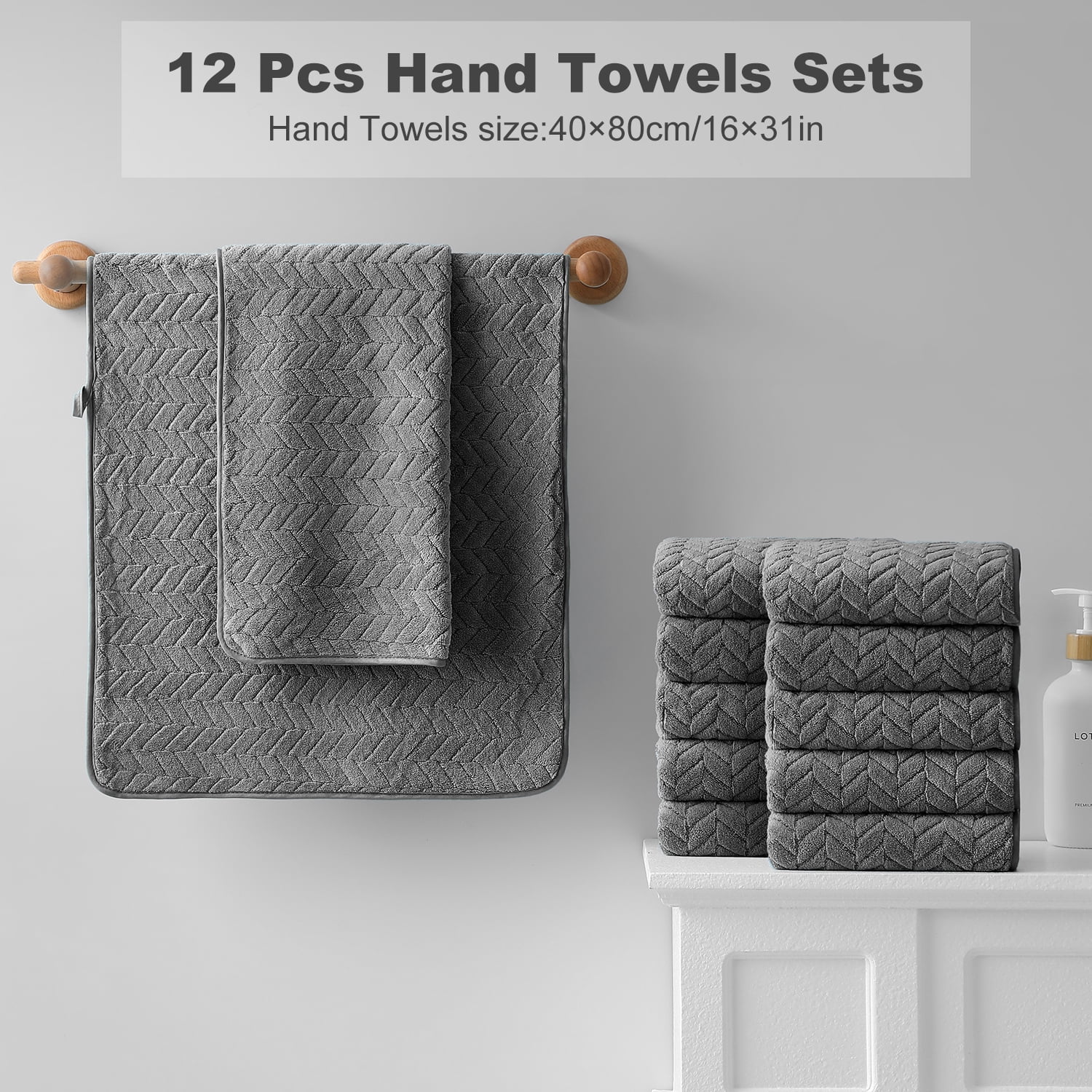 Jessy Home 12 Pack Dark Gray Hand Towel Set 16"x31" Soft Highly Absorbent Quick Dry Bathroom Bath Hand Towels Microfiber Plush Towels