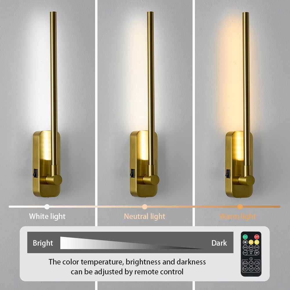 VBattery Operated Wall Sconces with Remote, Rechargeable Magnetic Wireless LED Picture Lights, 3-Color Dimmable Swing Arm Brass Gold Wall Light for Bedroom, Hallway (2 Pack)