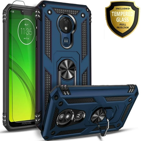 Motorola Moto G7/ G7 Plus Case, With [Tempered Glass Screen Protector Included], STARSHOP Drop Protection Ring Kickstand Cover- Ink Blue