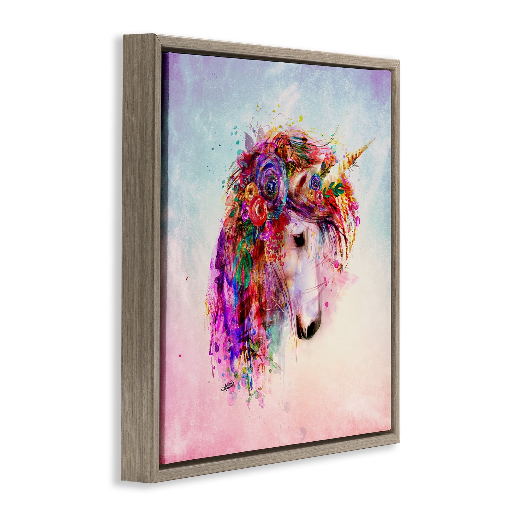 Stupell Industries Abstract Unicorn with Florals Fantasy & Sci-Fi Painting Brown Floater Framed Canvas Art Print Wall Art, 25 x 25