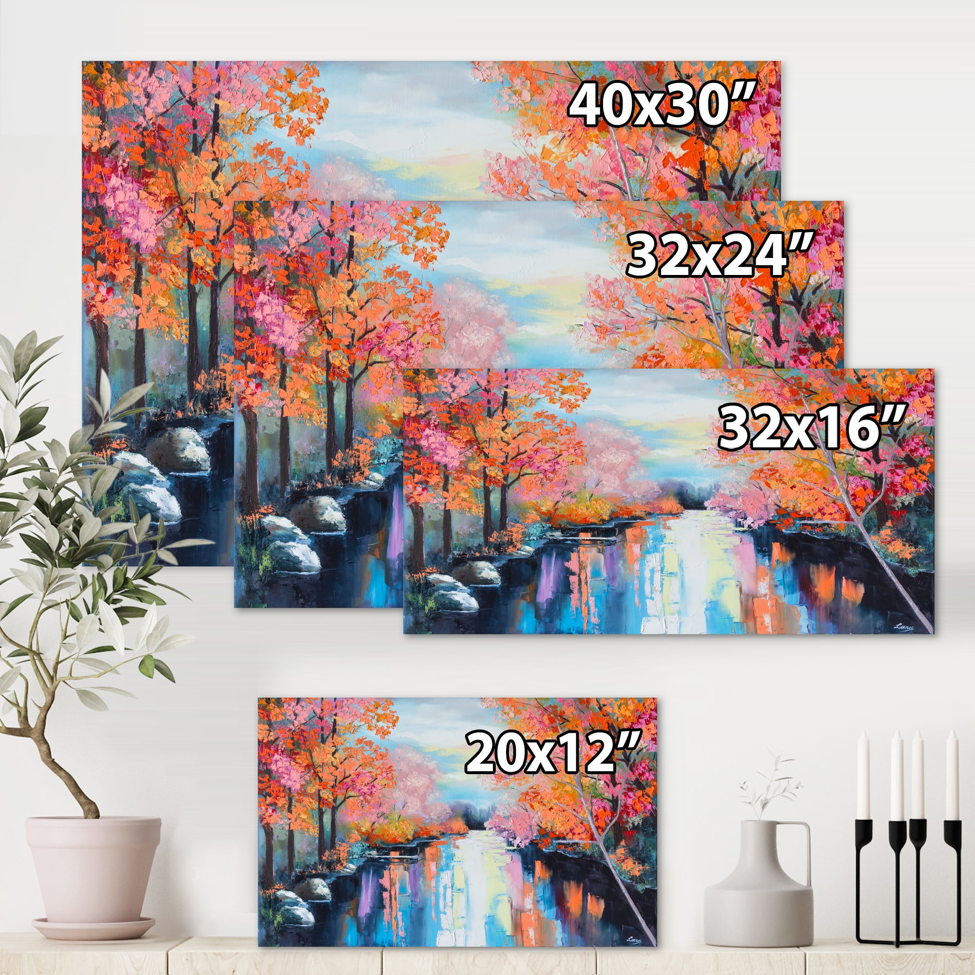 Designart ' The River Through Orange Autumn Forest ' Lake House Canvas Wall Art Print