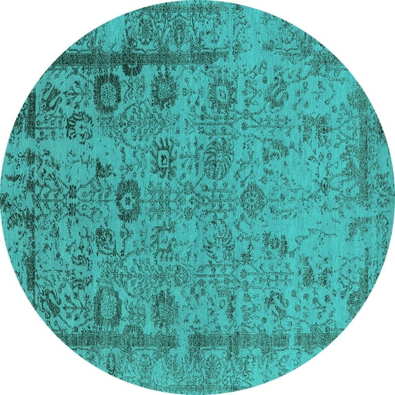 Ahgly Company Machine Washable Indoor Round Oriental Turquoise Blue Industrial Area Rugs, 5' Round
