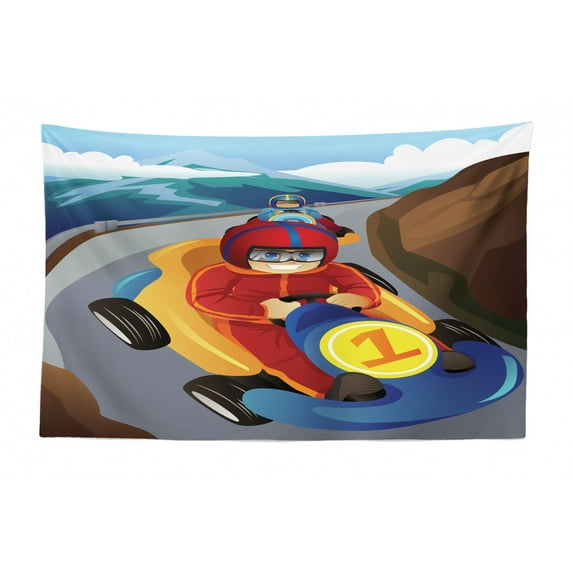 Race Car Tapestry, Racing Cursive Calligraphy with Flags in Checkered Design and Sports Car, Fabric Wall Hanging Decor for Bedroom Living Room Dorm, 2 Sizes, Blue and Multicolor, by Ambesonne