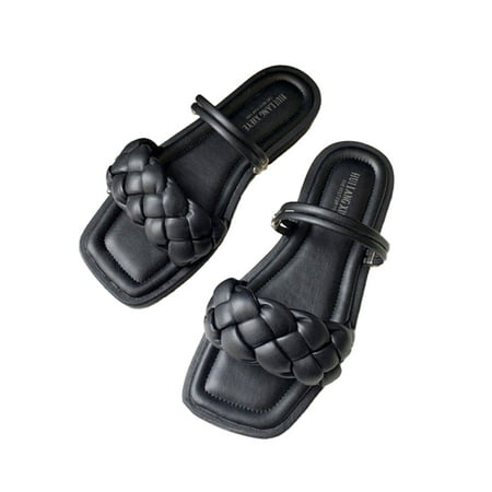 

Women\ s Sandals Knitted Braid Style Open Toes Slip on Shoes Square Toe Casual