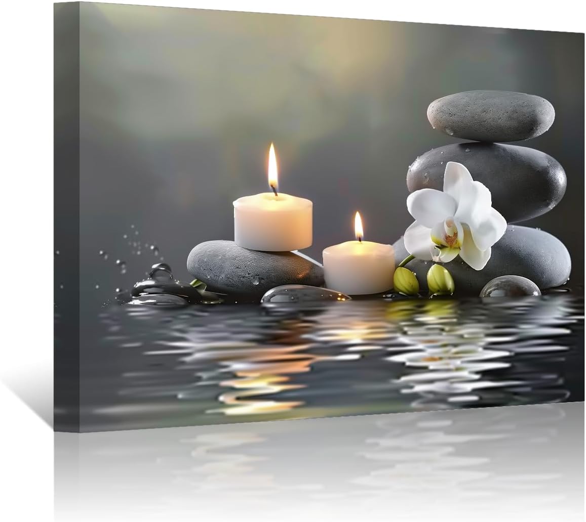 ZHONGYUTONG Bathroom Wall Art Orchid Flower with Black Zen Stone Pictures SPA Candle Picture Prints Still Life Canvas Painting for Meditation Spiritual Room Decor (12.00" x 18.00")
