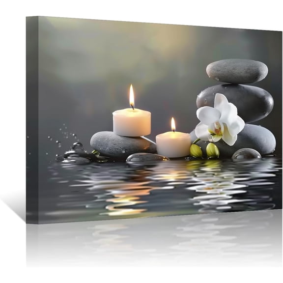 ZHONGYUTONG Bathroom Wall Art Orchid Flower with Black Zen Stone Pictures SPA Candle Picture Prints Still Life Canvas Painting for Meditation Spiritual Room Decor (12.00" x 18.00")