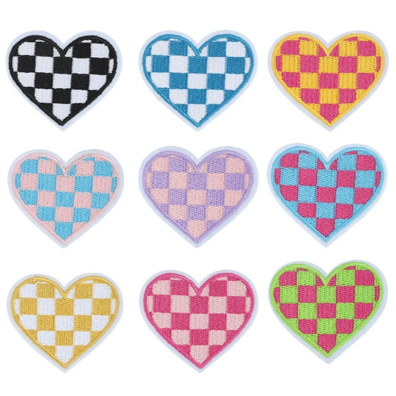 Uxcell Iron-on Patches 9 Pcs Heart Checkered Flag Patches Decorative Applique Patch for Jackets Hats Bags, Multicolor