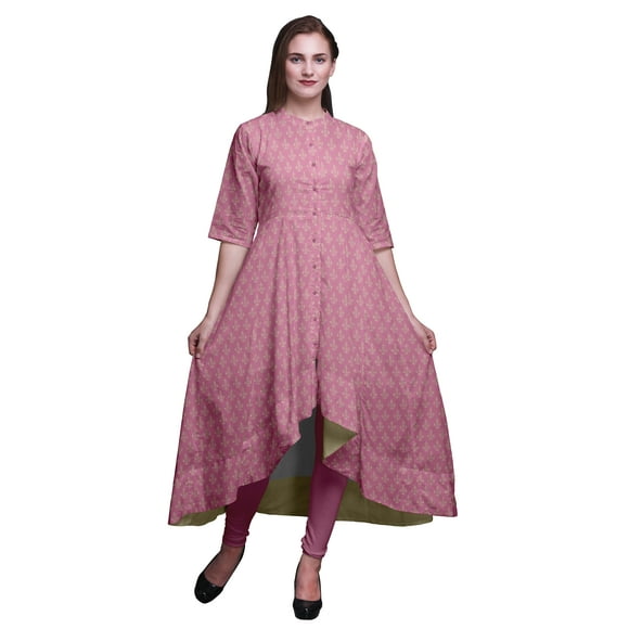 Bimba Pink Floral Block Indian Kurtis For Women Anarkali Kurti Printed Long Asymmetrical Regular Fit Tunic-Medium
