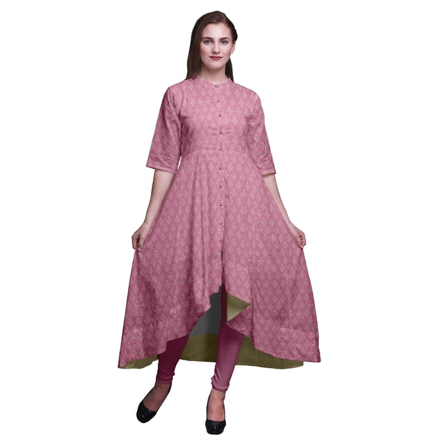 Bimba Robe Anarkali à Blocs Floraux Rose Imprimée Col Mandarin Kurtis Indiens pour Femmes Tenue de Fête Anarkali Kurta -XX-Grand