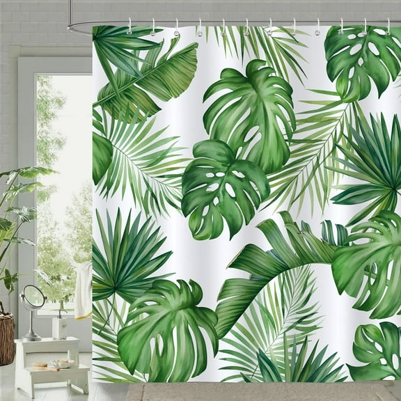 Tropical Leaves Shower Curtain Green Palm Monstera Leaf Decorative Bath Curtain 72 x 72 Inch Polyester Fabric Waterproof Bathroom Curtain with 12 Hooks