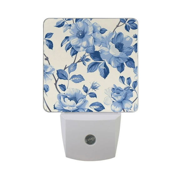 Blue White Florals and Leaves LED Night Light with Smart Sensor Plug Into Wall Dusk to Dawn 2 packs