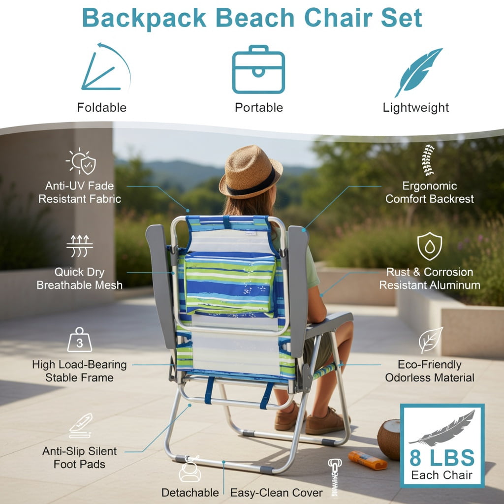 Hommoo 2-Pack Portable 5-Position Reclining Beach Chairs with Folding Side Table, Lightweight Aluminum Camping & Outdoor Chair Set, Blue