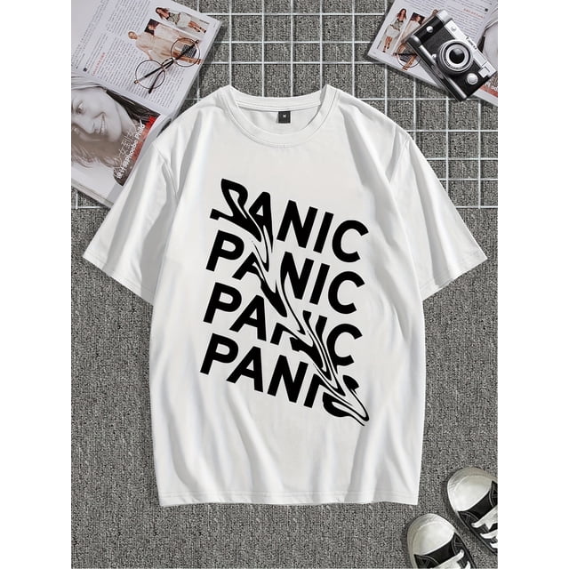 Camiseta informal de manga corta con estampado "PANIC" para hombre, cuello redondo de punto, ideal para el tiempo libre.
