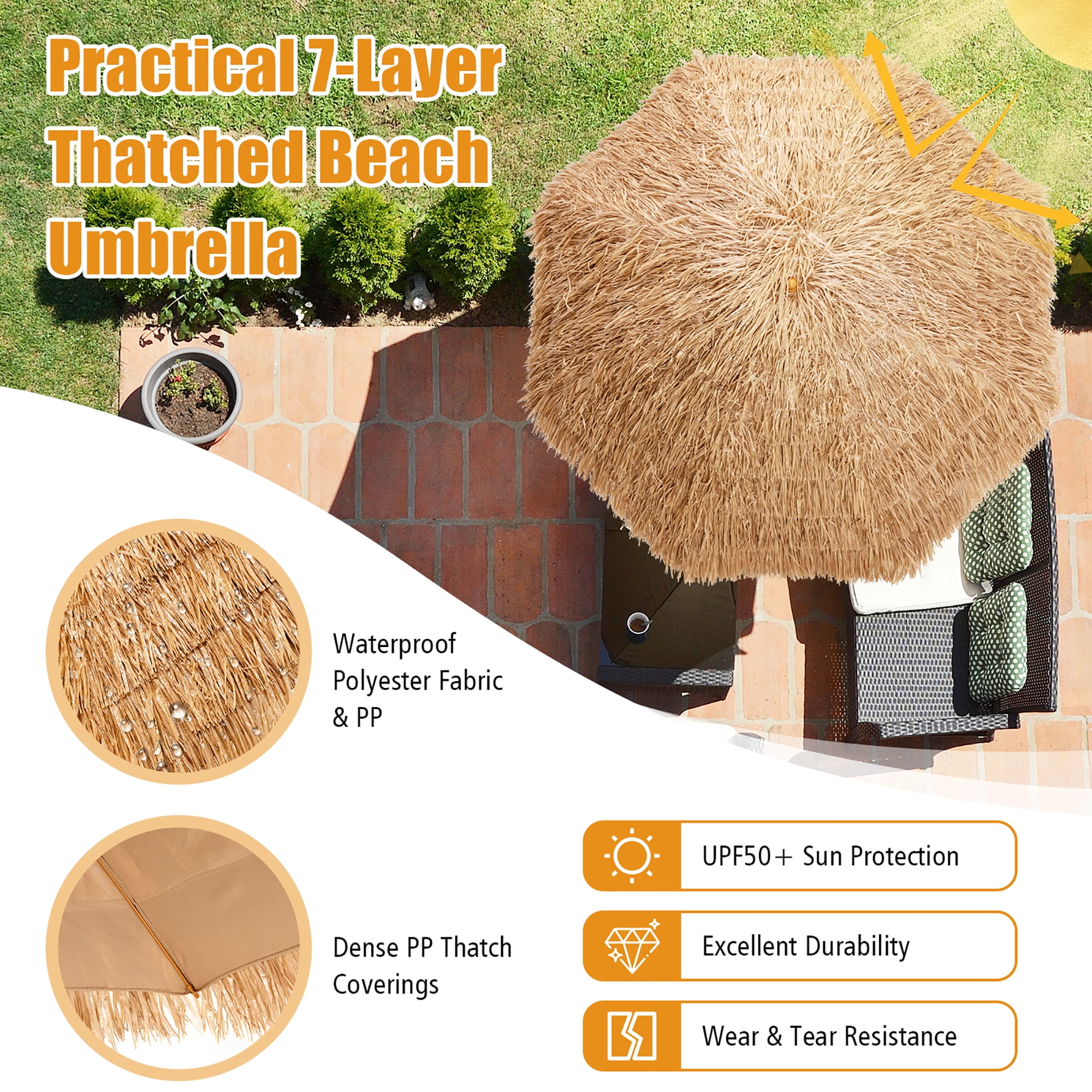Costway 8 FT Patio Thatched Tiki Umbrella 8 Ribs Portable Hawaiian Hula Beach