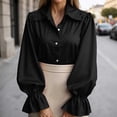 thumbnail image 2 of Tiweut Button Down Shirts for Women Elegant Satin Silk Long Puff Sleeve Lapel Solid Color Ladies Tops, 2 of 5