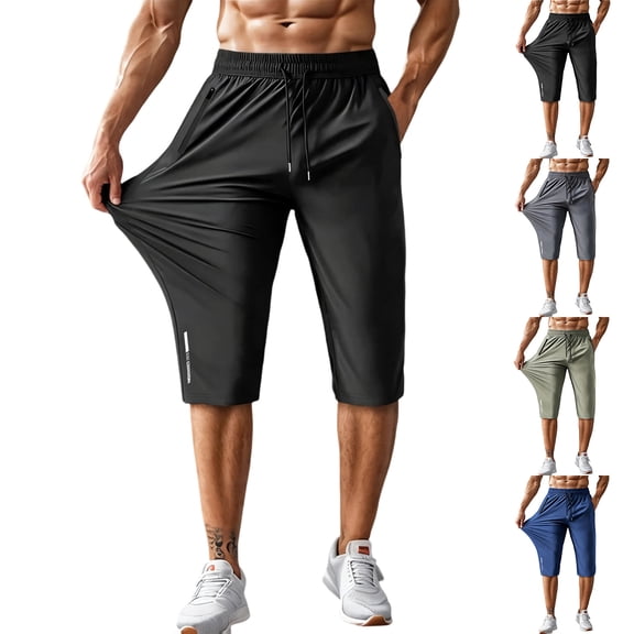 Garbnen Capri Pants for Men Quick Dry Ice Silk Straight Leg Running Pants for Men Lightweight Elastic Waist Baggy Stretch Gym Fitness Trousers Men with Zip Pockets