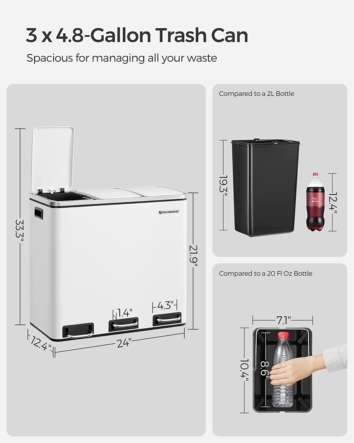 14.4 Gallon Trash Can Kitchen Garbage Can Recycle Bin with Soft-Close Lids Pedals and Inner Buckets for Kitchen Stainless Steel White