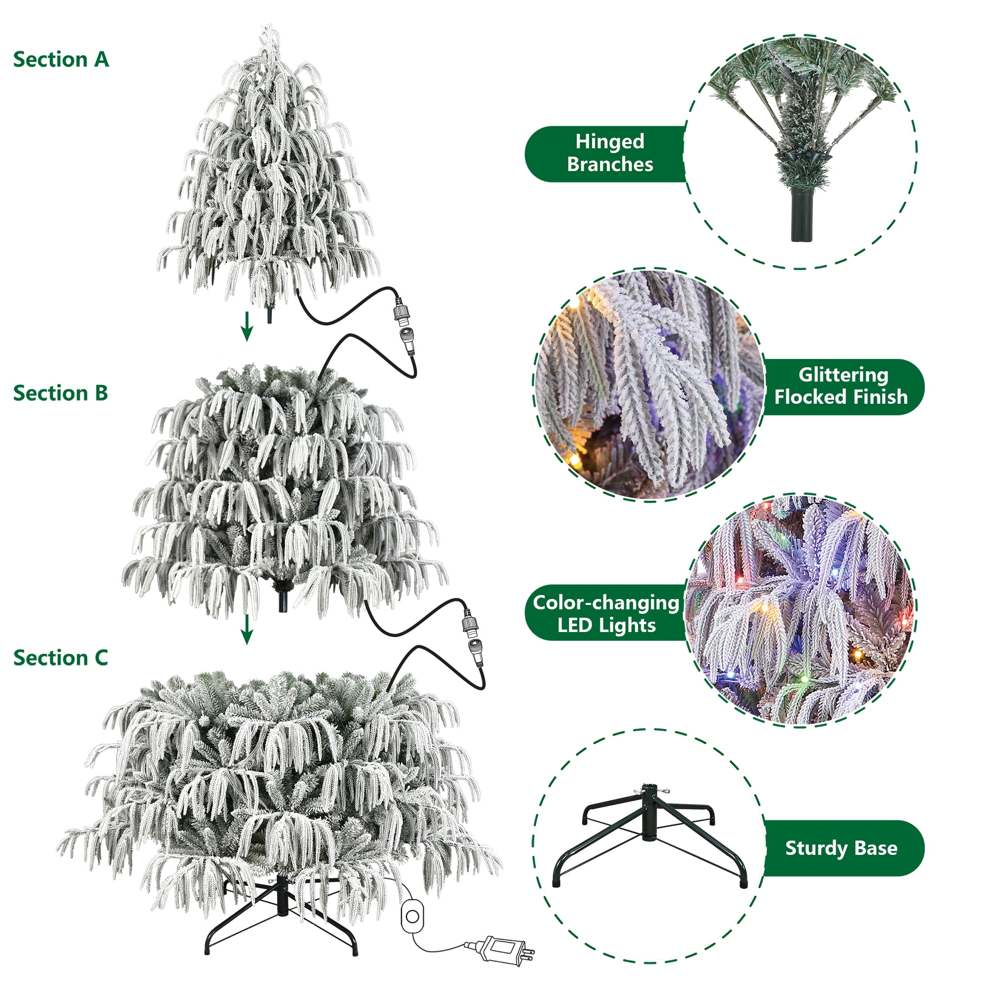 7.5ft Pre-Lit Glittering Flocked Hamilton Spruce Christmas Tree by Holiday Time, 450 Color-Changing LED