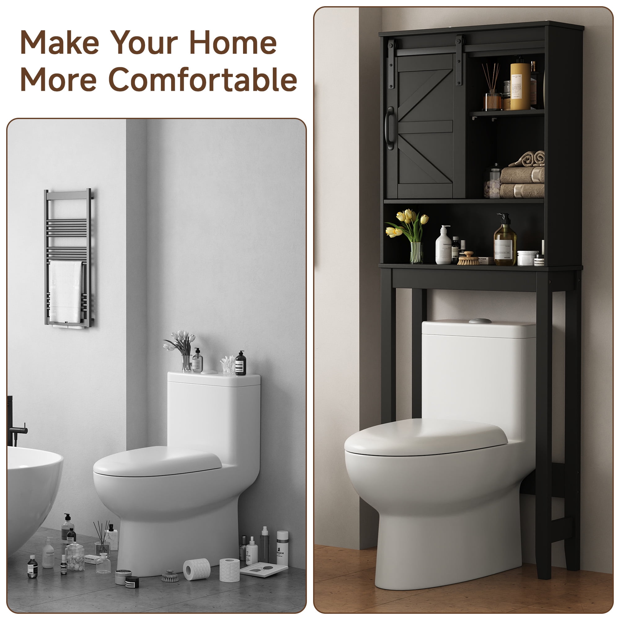 Over the Toilet Storage Cabinet, Bathroom Space Saver Organizer with Sliding Barn Door, Anti-Tipping Design, Waterproof, Adjustable Shelves for Laundry Room Organization