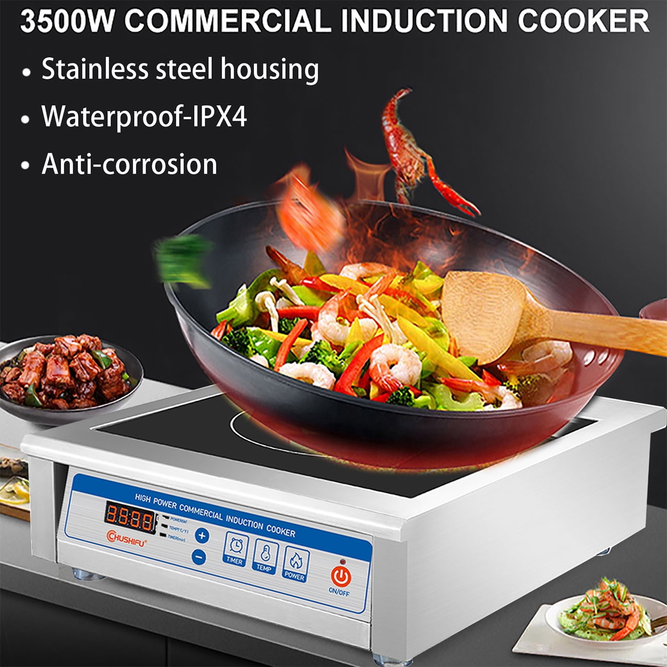 Open Box ChuShiFu 3500W 190V~275V Induction Cooktop Commercial Grade Range 18h Timer Electric Stove Burner Kitchen Restaurants Cooking 16 Level Temp&Power Ctrl