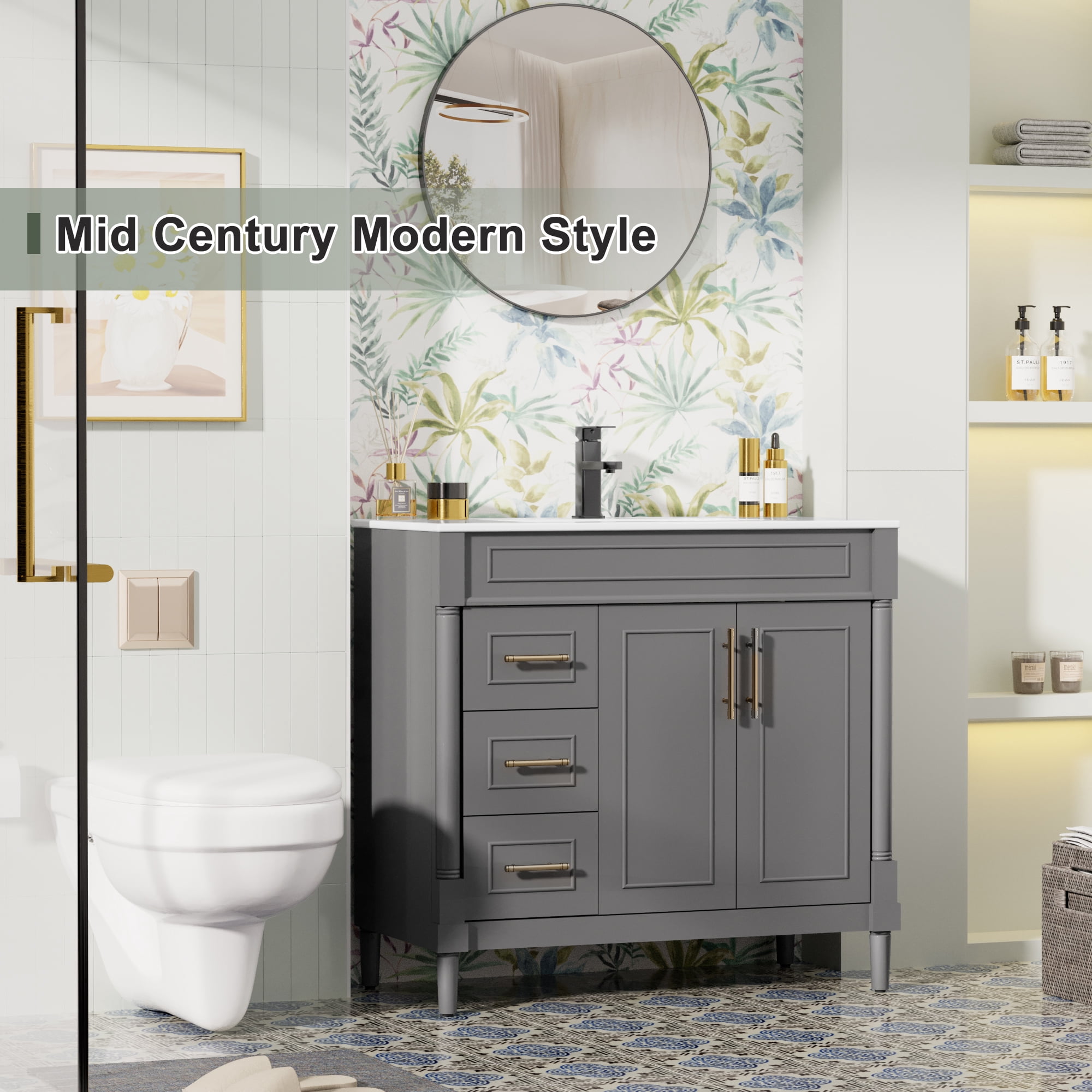 36" Freestanding Bathroom Vanity with Ceramic Sink Top, Faucet, Classic Tapered legs