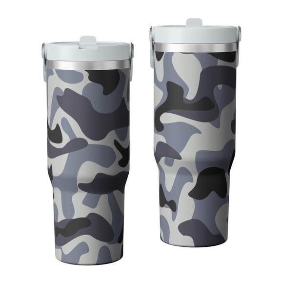 Camouflage 30oz Handheld Travel Tumbler with Handle – Double Wall Stainless Steel Insulated Cup, Flip Straw Lid, Leak-Proof & BPA-Free for Hot and Cold Drinks – Durable Coffee & Juice Mug White