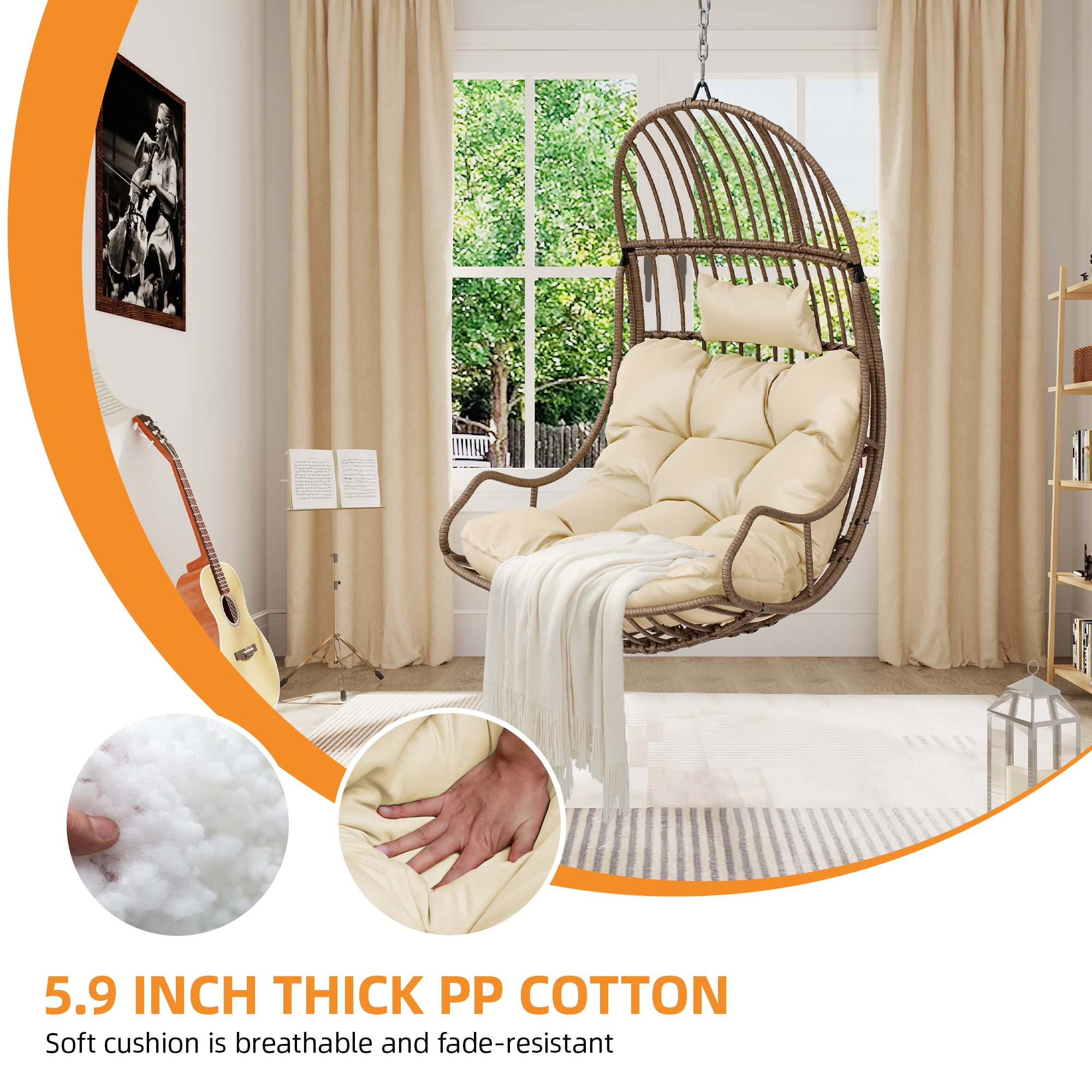Uforic Beige Suspended Wicker Egg Swing Chair w/Cushions, Supports up to 330lbs for Garden Patio Bedroom Balcony (Stand Sold Separately)