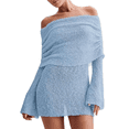 thumbnail image 2 of Vestido Elegante Tipo Suéter de con Hombros Descubiertos para Mujer, Ajustado, de Larga y Crochet Azul S, 2 of 7