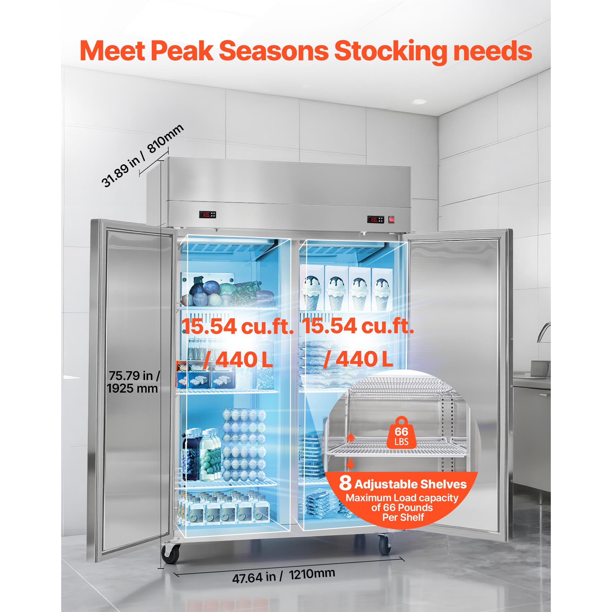 KFFKFF Commercial Refrigerator and Freezer Combo, 47.64 in Wide Upright Double Door Unit, 31.1 Cu.ft Stainless Steel Design with Auto-Defrost, 6 Adjustable Shelves, LED Lighting, and 4 Casters