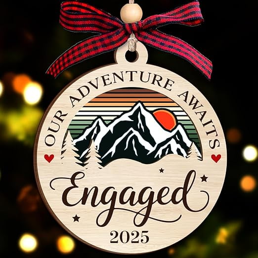NewEleven Engaged Ornament Our Adventure Awaits 2025, Wooden Holiday Keepsake, Ornament Gift for Engaged Couple