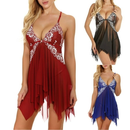 

Lingerie For Women Front Closure Babydoll Lace V Neck Mesh Sleepwear Lingerie Black