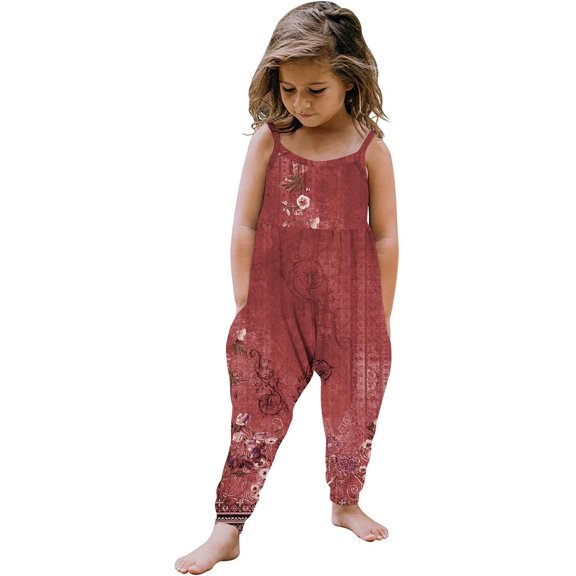 NAISIBABY Girls Suspenders Jumpsuit, Sleeveless Fashion Printed Causal Summer Romper Red 5-6T