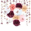 Burgundy Rose Gold Pink Party Decoration Kit Lanterns Flowers Pom Pom with 3D Butterfly Stickers and Leaf Garland Streamers for Birthday Engagement Wedding Bridal Shower Bachelorette Party S