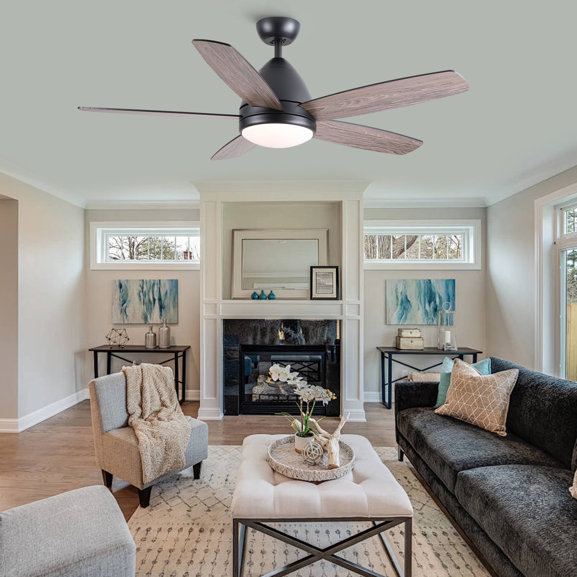 Leumius 52" Black Ceiling Fan with Intergrated LED Light Kit, Remote Control, 5 Plywood Blades and Work with Smart APP for Living Room Bedroom