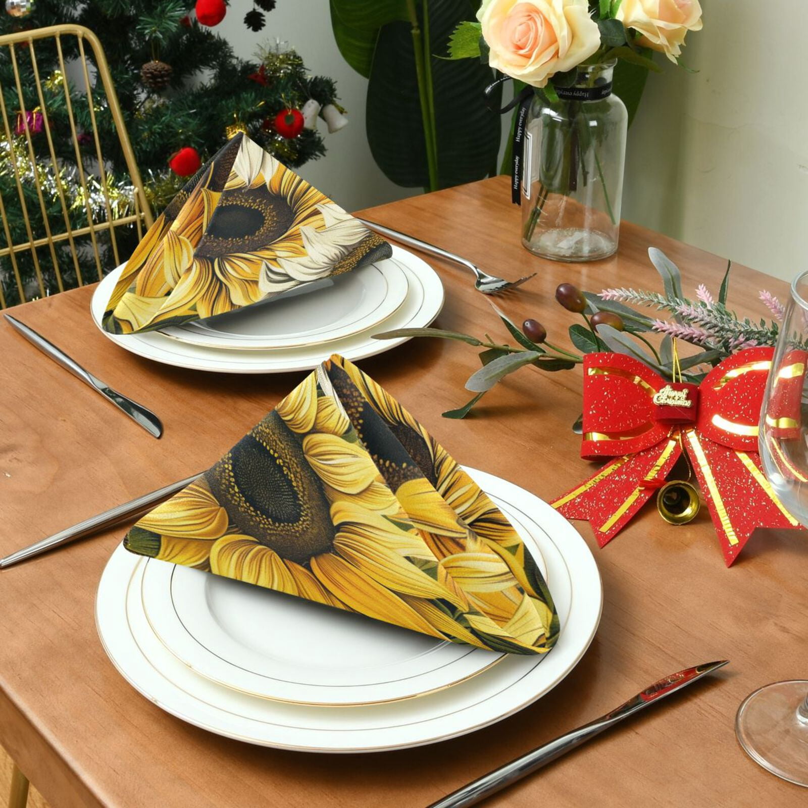 JSTEL Sunflower Vintage Yellow & White Cloth Napkins Set of 6, 20x20 Inch Washable and Reusable Napkin for Decoupage Dinner Party Everyday Use