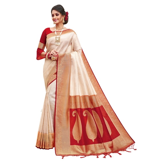 Sarees for Women Banarasi Art Silk l Tradional Indian Wedding Diwali Gift Sari with Unstitched Blouse Cream